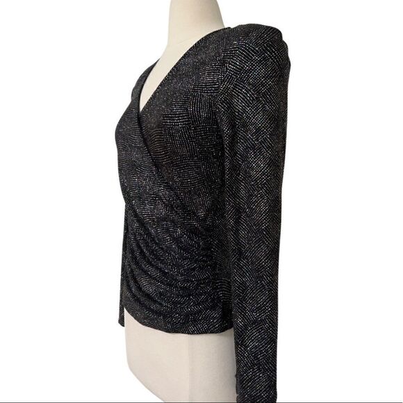 Peak 90s Gal Rainbow Metallic Sparkle Ruched Surplice V-neck Long Sleeve Blouse - Picture 2 of 7